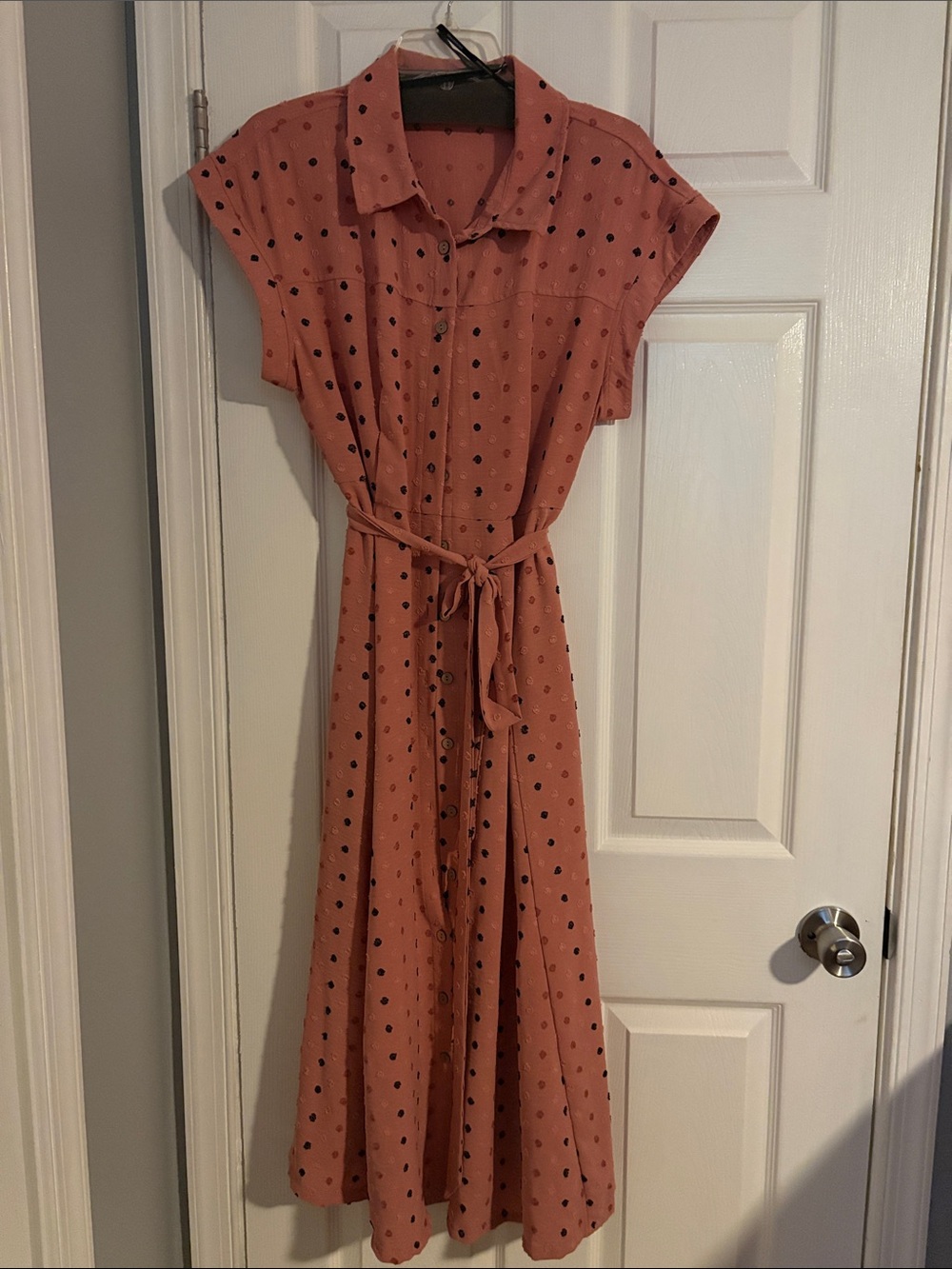 Nina Leonard Rust Polka Dot Maxi Shirt Dress with Tie